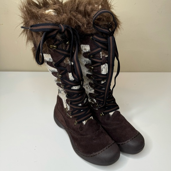 MUKLUKS BROWN FAUX SUEDE & FUR KNITTED SIDES LACE UP KNEE HIGH BOOTS SZ 7 - Picture 2 of 10